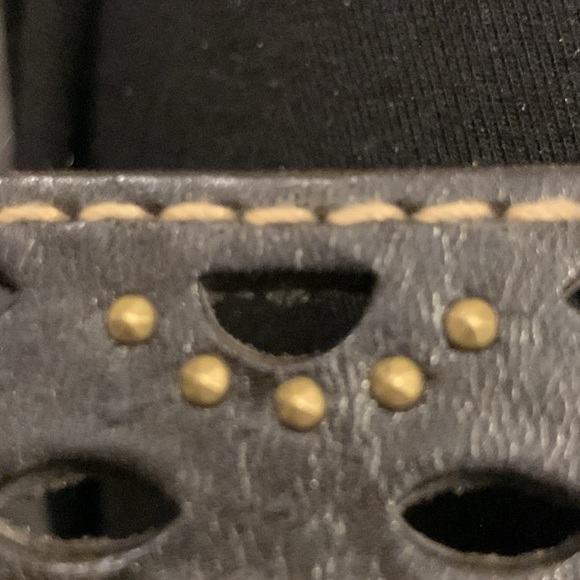 DOUBLE BUCKLE PERFORATED LEATHER BELT  WITH METAL STUDS AND SOMID BRASS BUCKLES - Picture 10 of 14